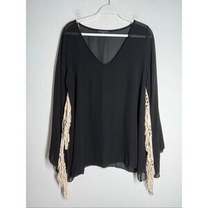 By Together You & I Sheer Bohemian Blouse Tunic Tassels Trim Size L Made in USA